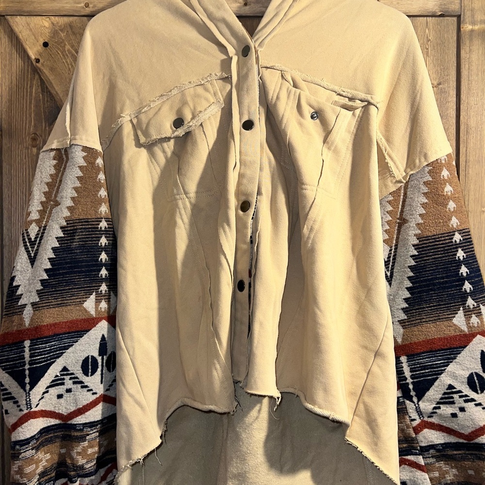 BKE Cream Hooded Jacket with Patterned Aztec Sleeves